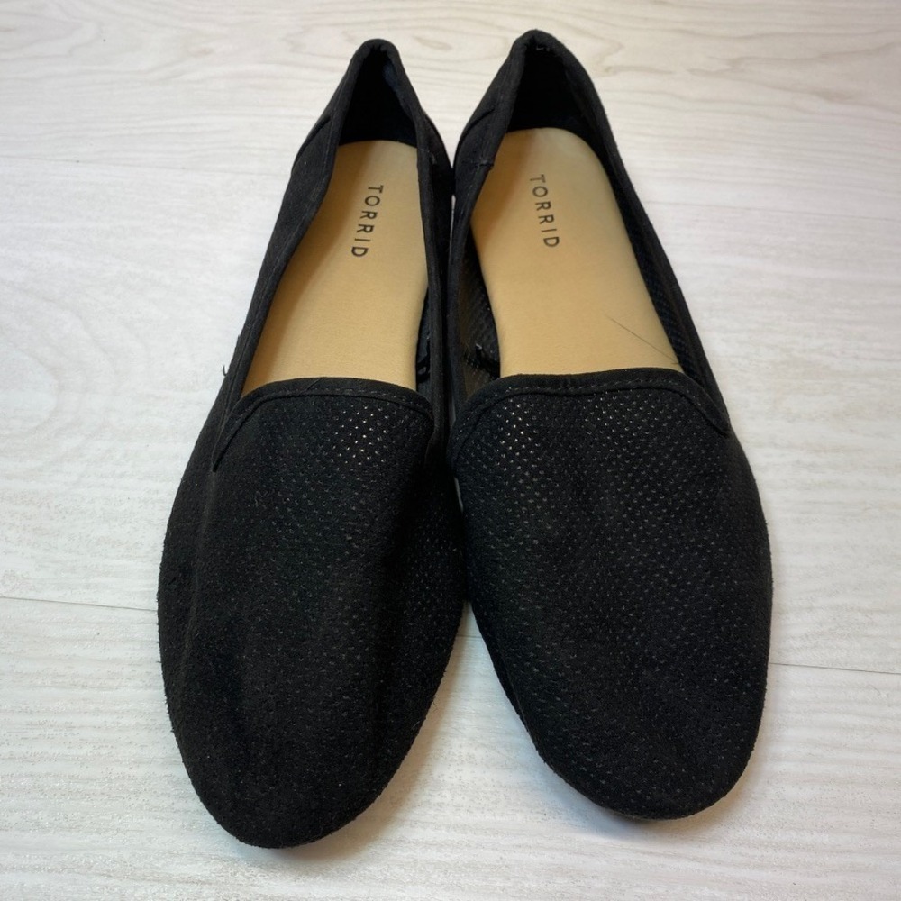 Torrid Womens 12 WW Loafers Pointed Toe Flats Black Suede Perforated Slip On